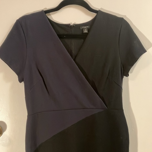Ann Taylor The All Day Ponte Dress in color block black and navy. Size 8P. - Picture 3 of 11